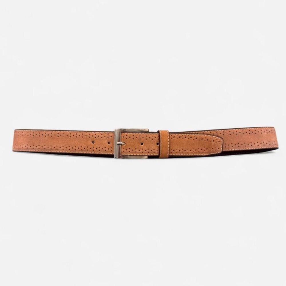 Florsheim brown leather belt with silver buckle and perforated detailing  34”